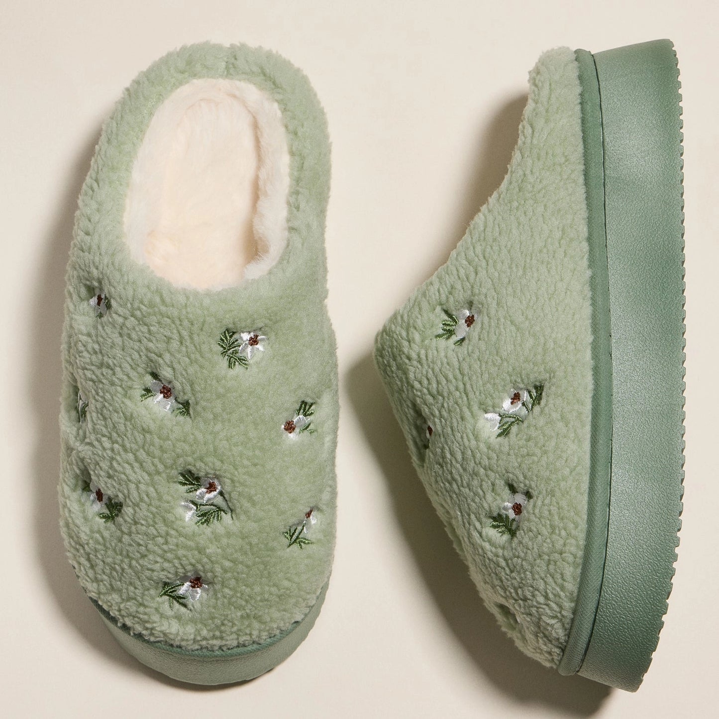 Embroidered Floral Slippers - Green