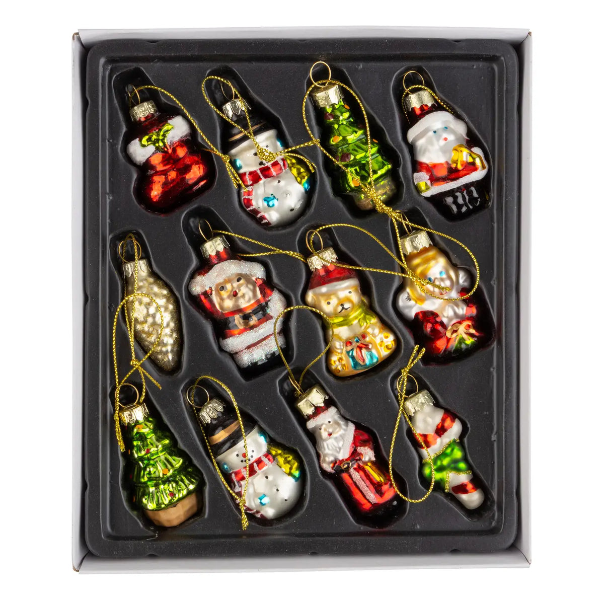 Santa, Snowman & Tree Glass Ornaments (Set of 12)