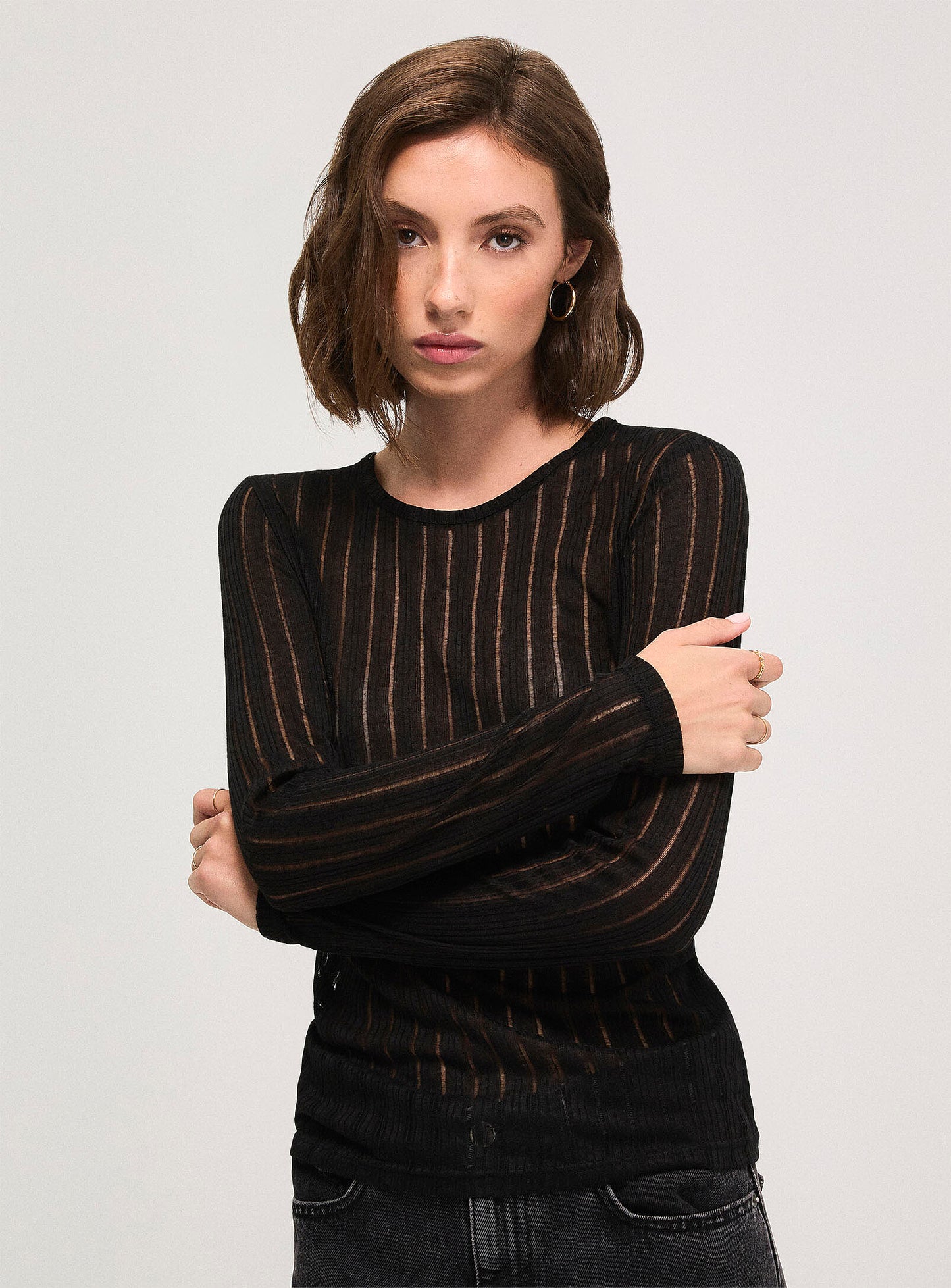 Iholive Sheer Ribbing Long Sleeve Top (Black)
