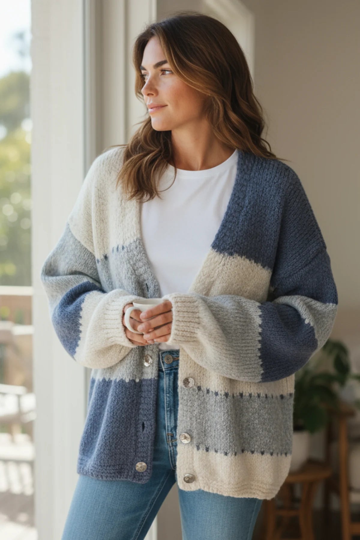 Colour Block Cardigan (Blue/White)