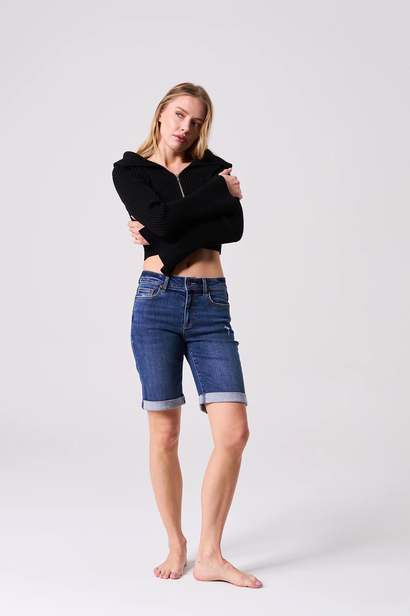 Maeve Mid-Rise Bermuda Jean Shorts (Dark)
