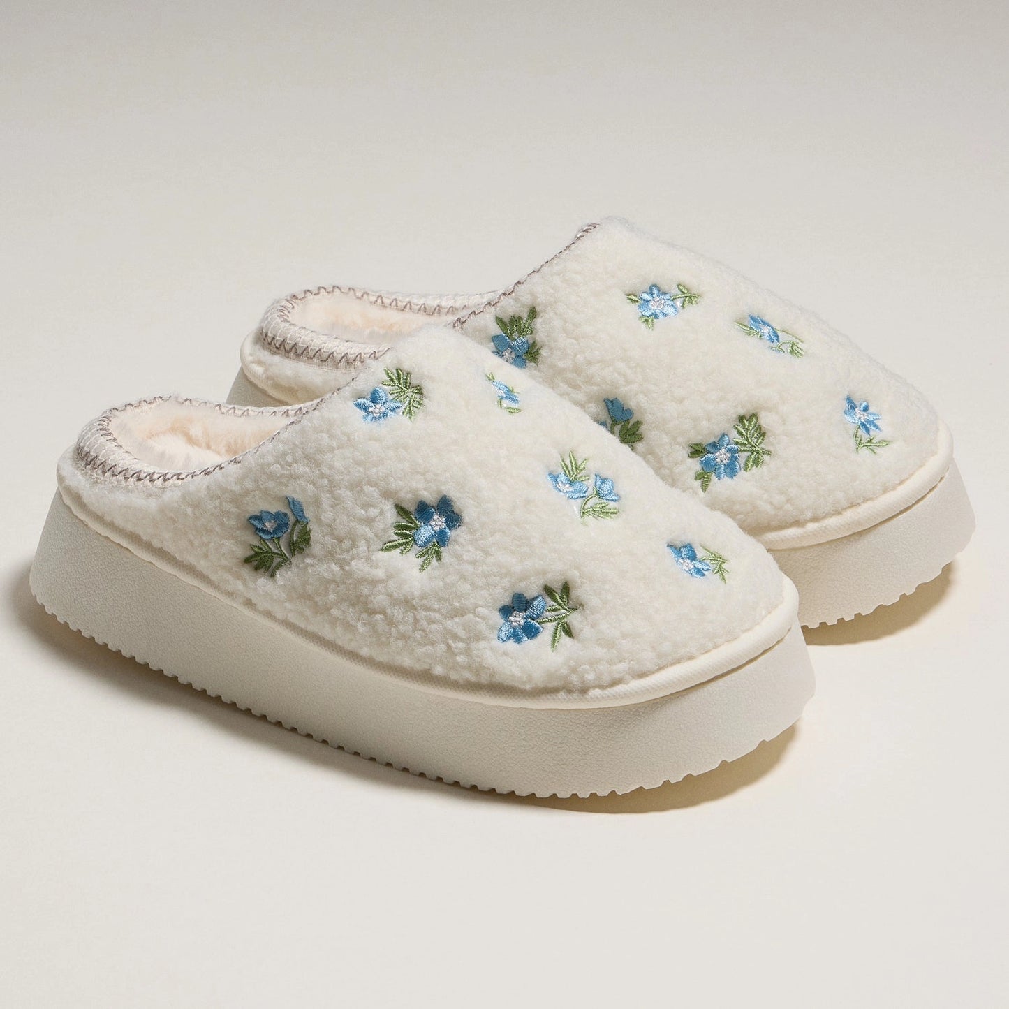 Embroidered Floral Slippers - White