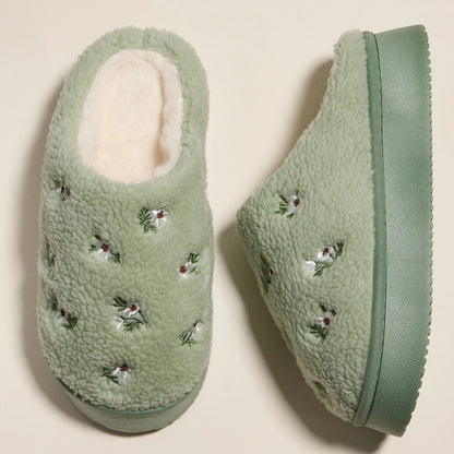 Embroidered Floral Slippers - Green
