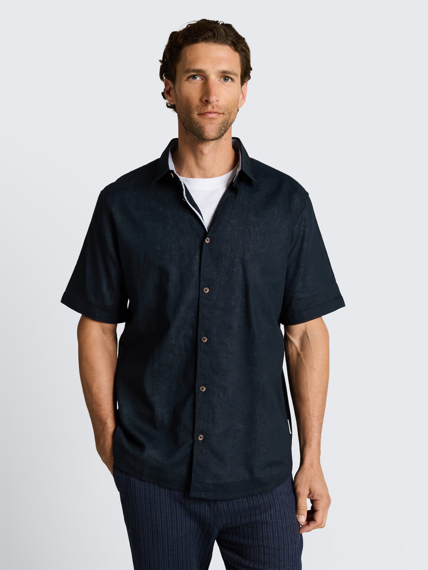 Carl Linen Cotton Kent Short Sleeve Shirt (NVY)
