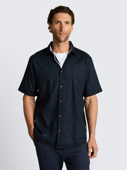 Carl Linen Cotton Kent Short Sleeve Shirt (NVY)