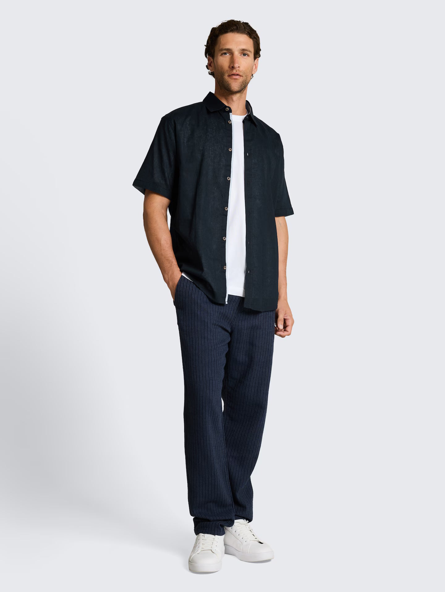 Carl Linen Cotton Kent Short Sleeve Shirt (NVY)