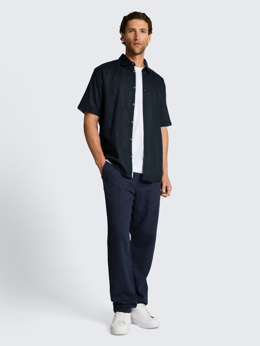 Carl Linen Cotton Kent Short Sleeve Shirt (NVY)