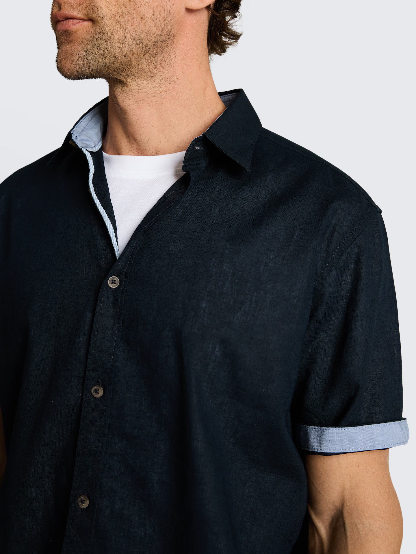Carl Linen Cotton Kent Short Sleeve Shirt (NVY)