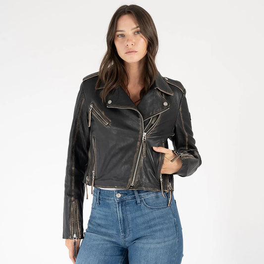 Sharon Leather Moto Jacket (Black/Brown)