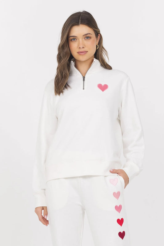 Embroidered Heart Quarter Zip Sweatshirt (White)