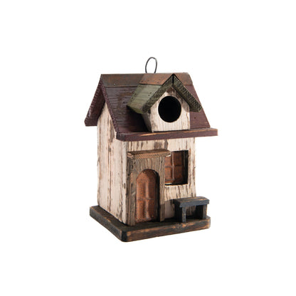 Wooden Birdhouse with Bench: Brown