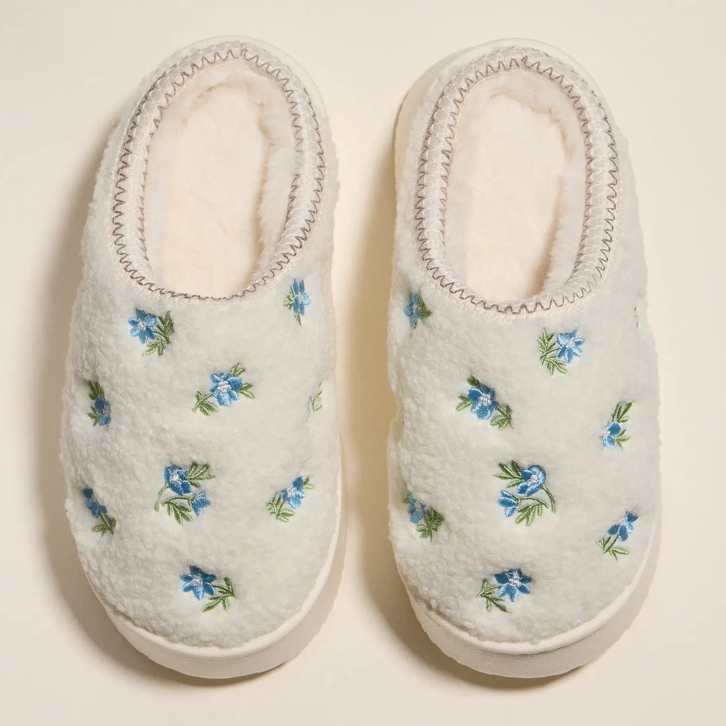 Embroidered Floral Slippers - White