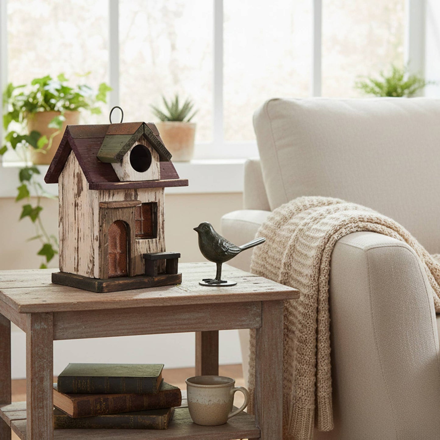 Wooden Birdhouse with Bench: Brown