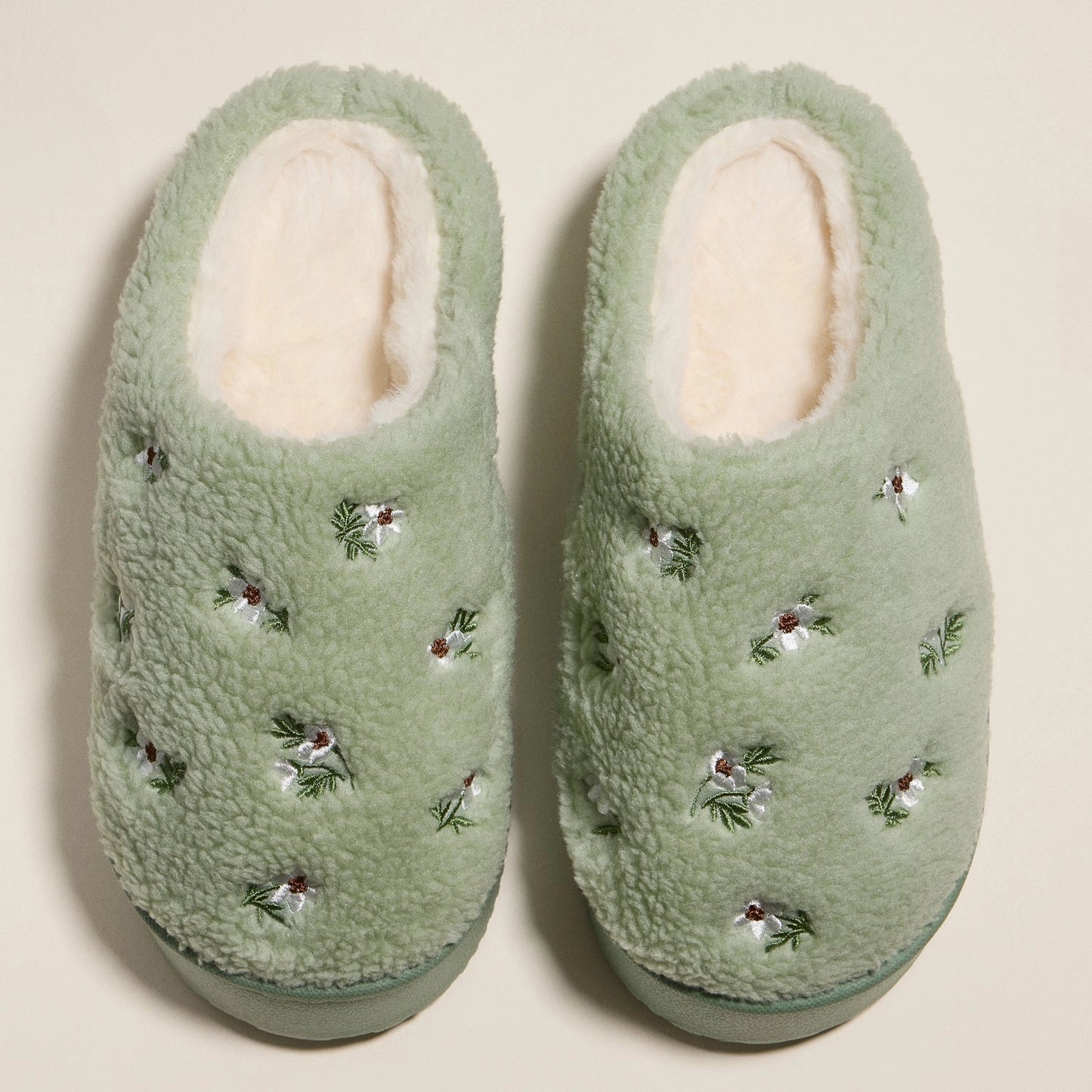 Embroidered Floral Slippers - Green