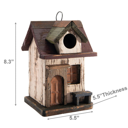 Wooden Birdhouse with Bench: Brown