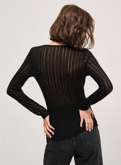 Iholive Sheer Ribbing Long Sleeve Top (Black)