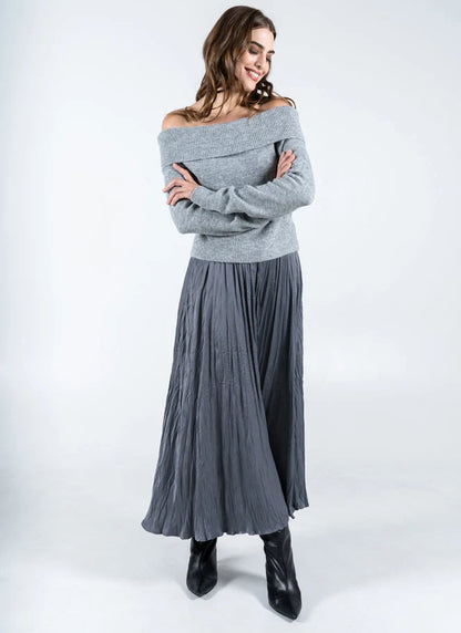 C'est Moi Pleated Silk Maxi Skirt (Pewter)