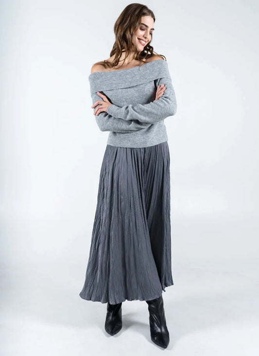 C'est Moi Pleated Silk Maxi Skirt (Pewter)