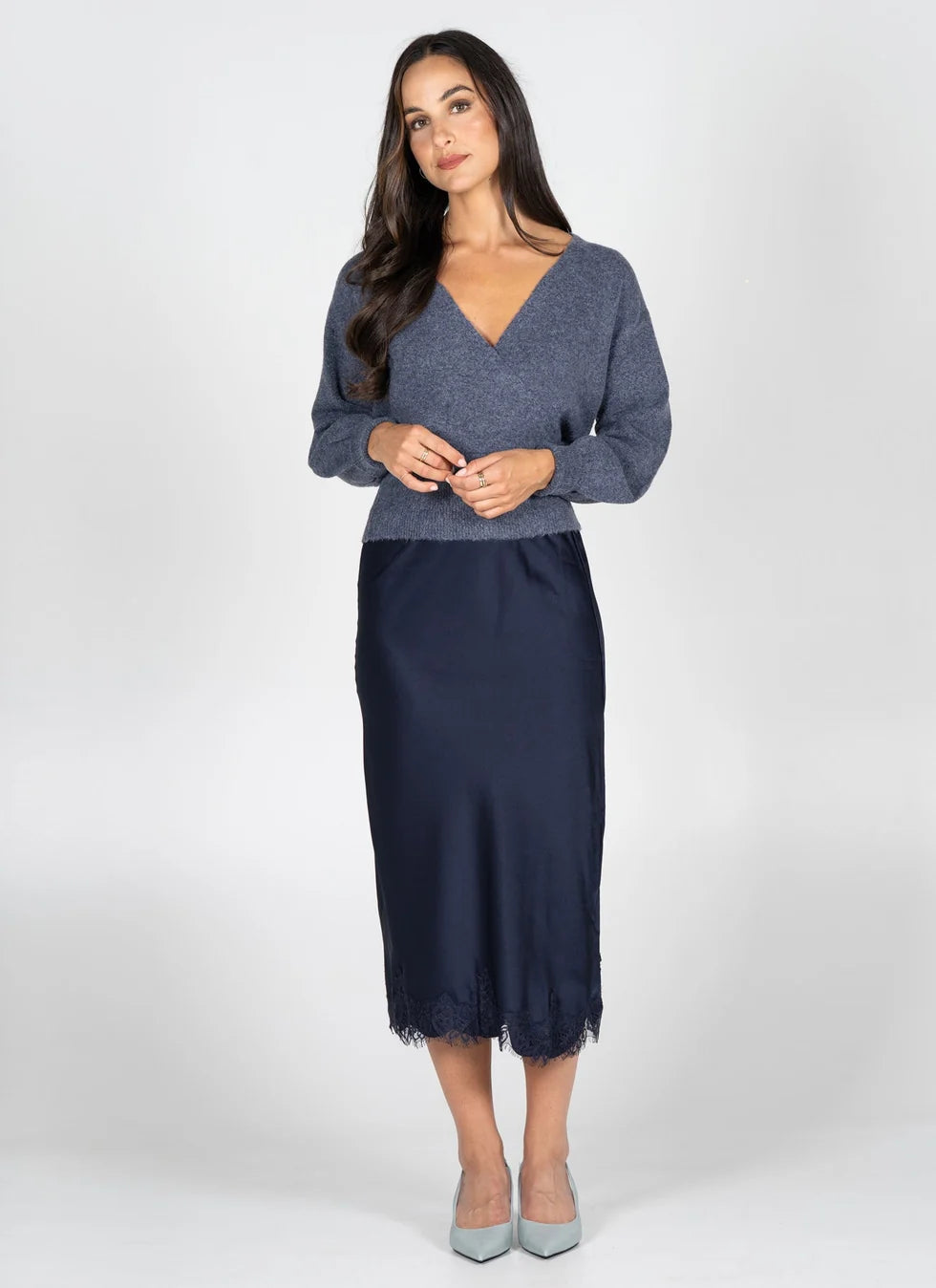 Satin Lace Midi Skirt (Navy)