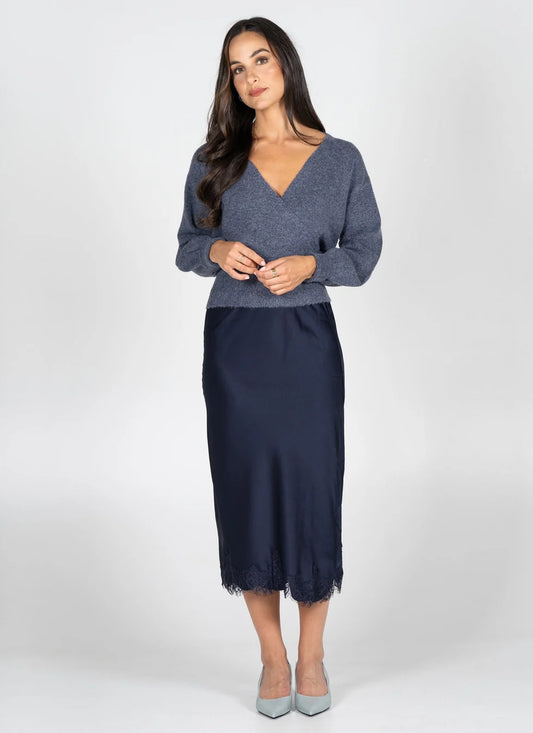 Satin Lace Midi Skirt (Navy)