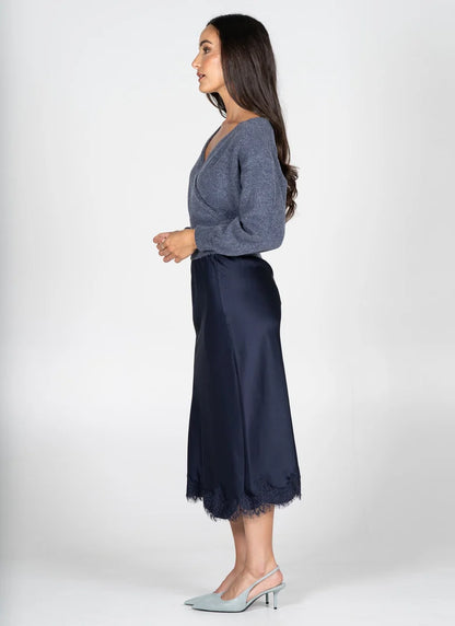 Satin Lace Midi Skirt (Navy)