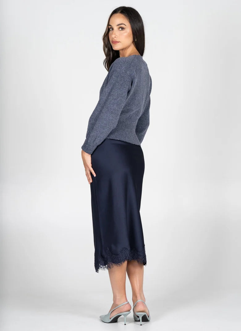 Satin Lace Midi Skirt (Navy)