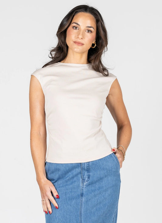 Ruched Side Crew Neck Top (Tan)