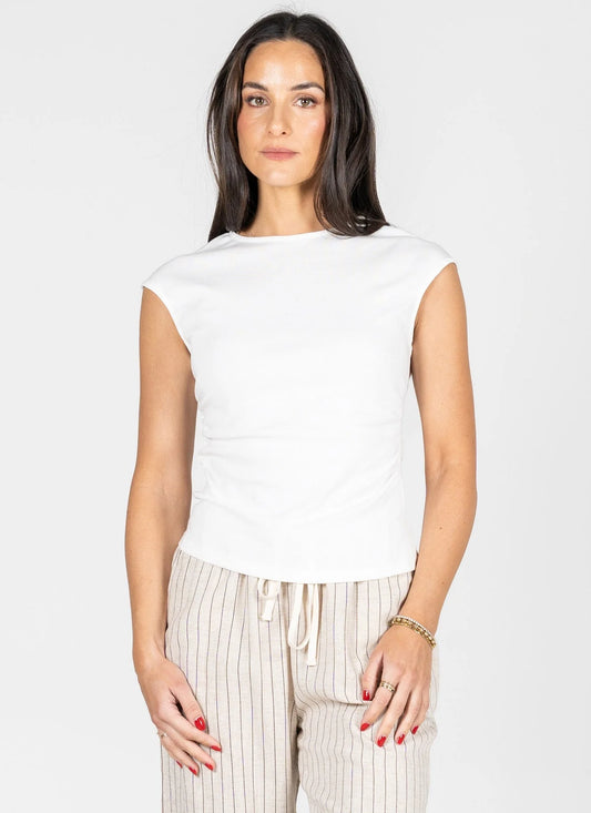 Ruched Side Crew Neck Top (White)