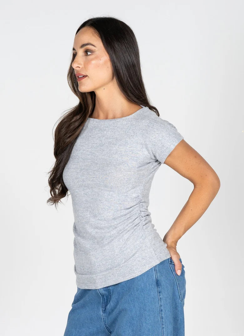 C'est Moi Ruched Cap Sleeve Sweater (Grey)
