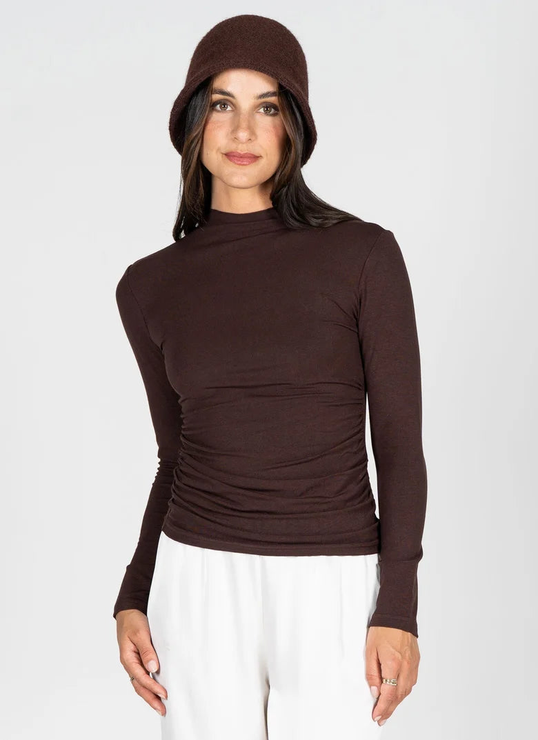 Ruched Longsleeve Mockneck (Brown)