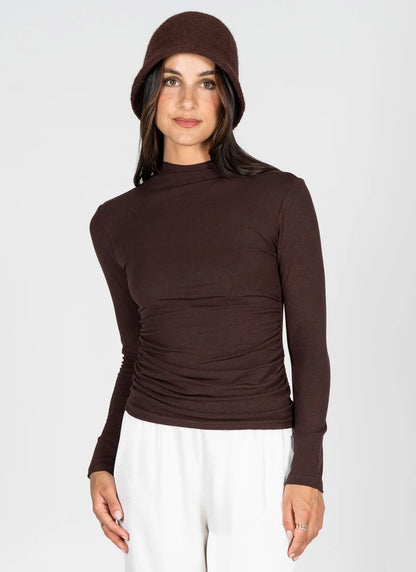 Ruched Longsleeve Mockneck (Brown)