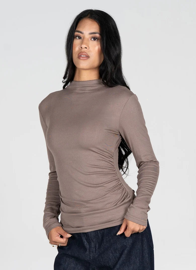 Ruched Longsleeve Mockneck (Taupe)