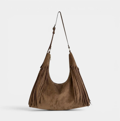 JACKIE Faux Suede Hobo Fringe Bag (Mocha)