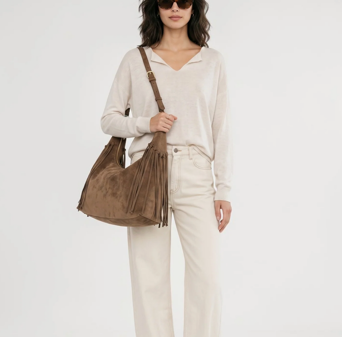 JACKIE Faux Suede Hobo Fringe Bag (Mocha)
