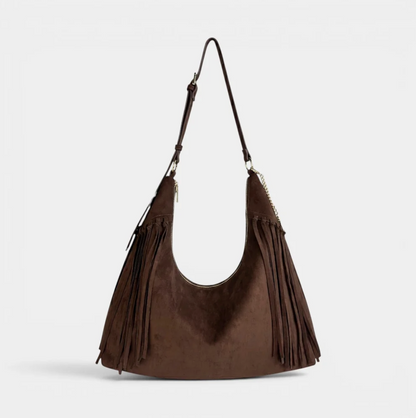 JACKIE Faux Suede Hobo Fringe Bag (Chocolate)
