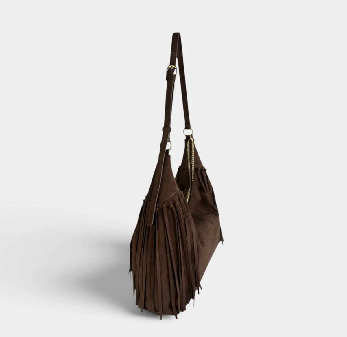 JACKIE Faux Suede Hobo Fringe Bag (Chocolate)