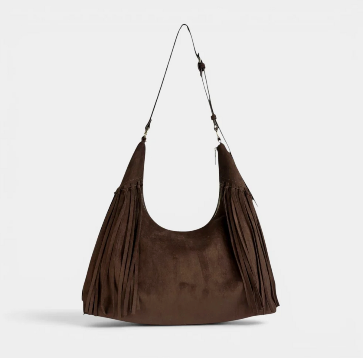 JACKIE Faux Suede Hobo Fringe Bag (Chocolate)
