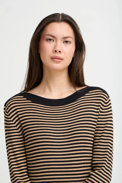 Ihmafa Long Sleeve Stripes Top  (Tan)