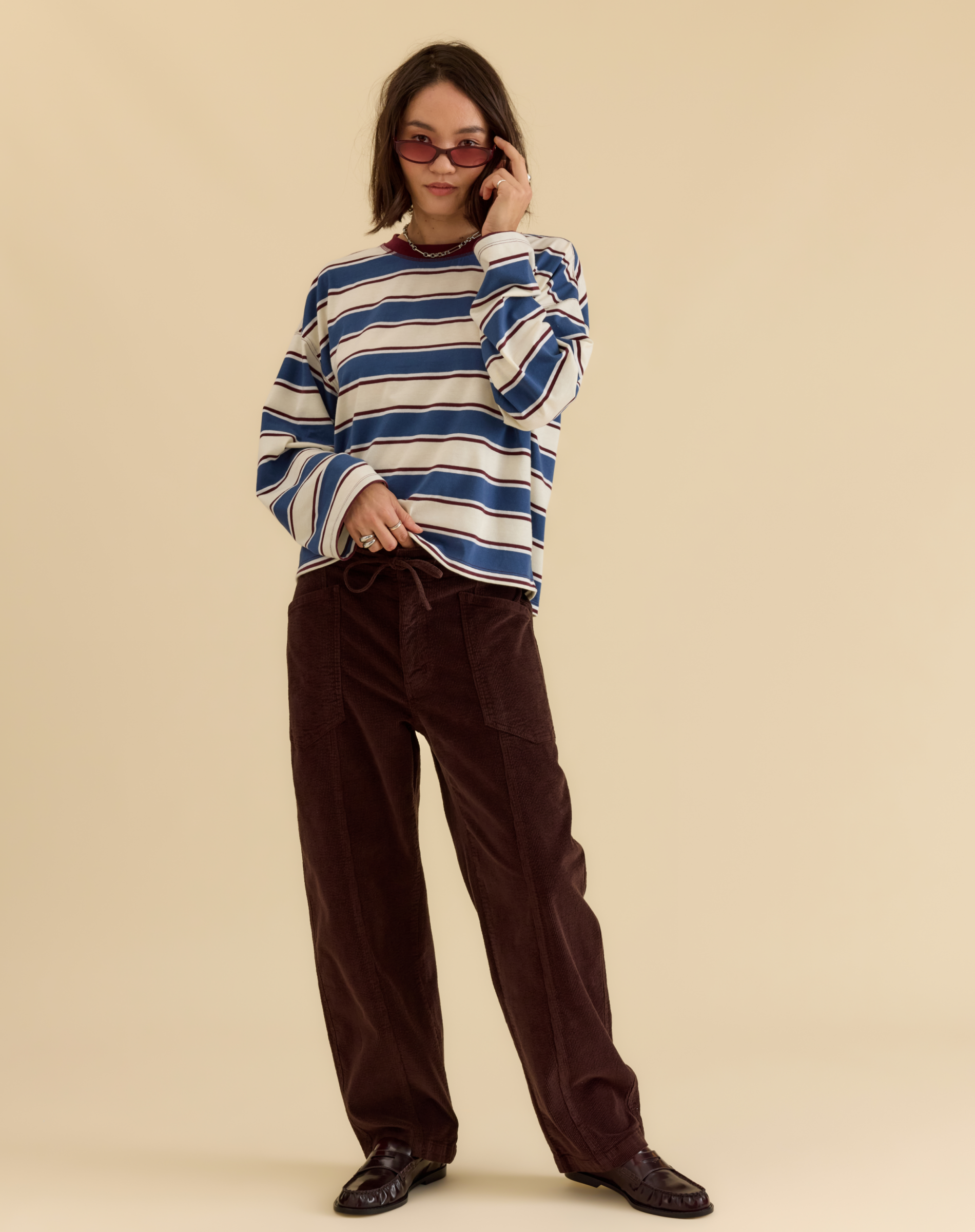 Villa Drawstring Barrel Leg Pant (Chocolate) front view