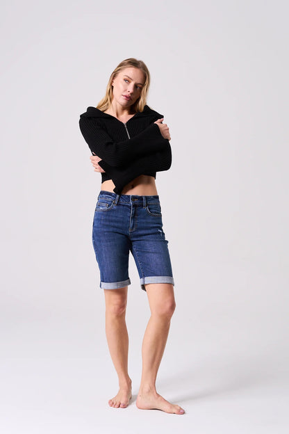 Maeve Mid-Rise Bermuda Jean Shorts (Dark)
