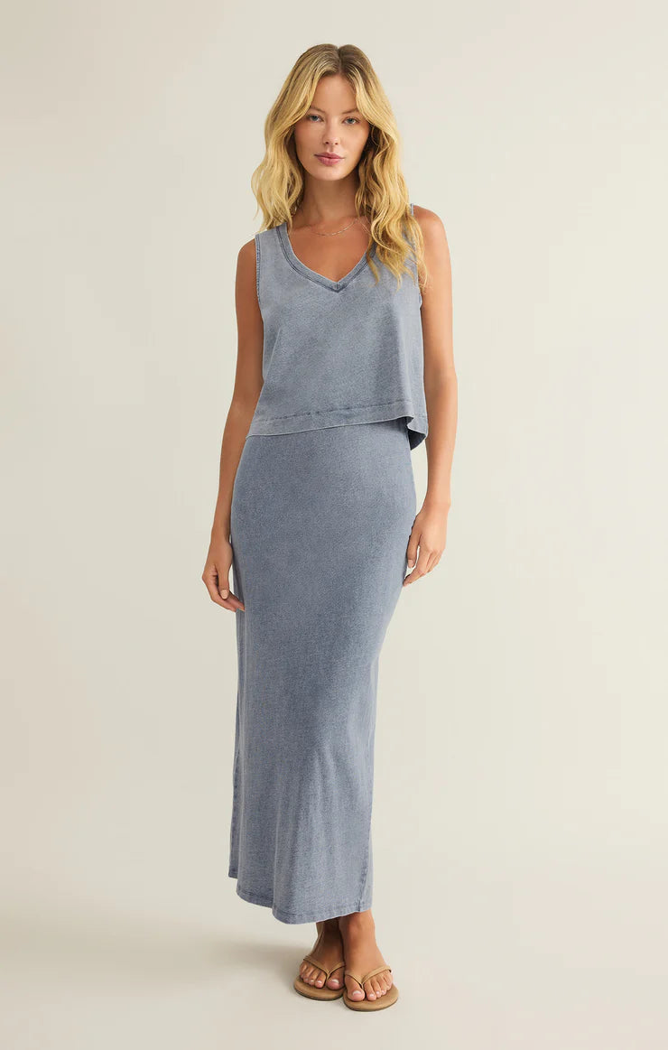 Gail Jersey Midi Denim Skirt (Medium Indigo)