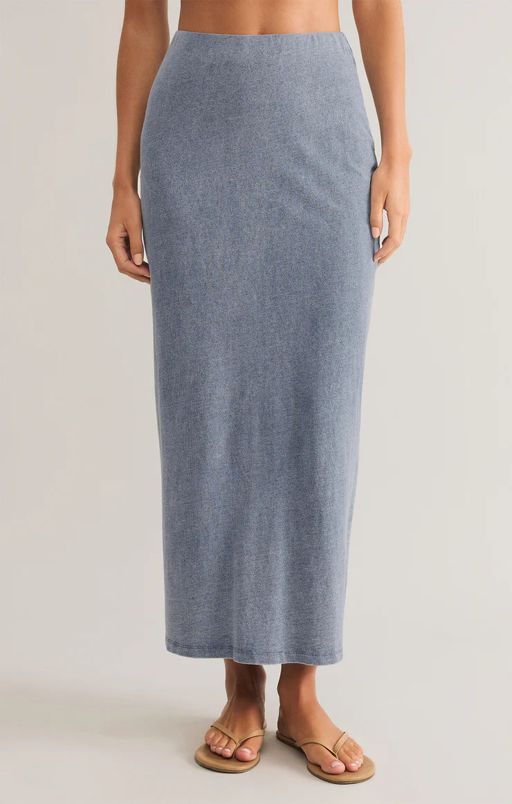 Gail Jersey Midi Denim Skirt (Medium Indigo)