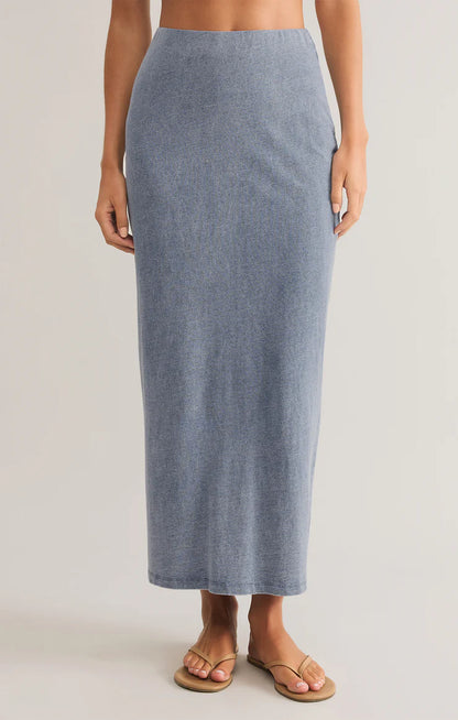 Gail Jersey Midi Denim Skirt (Medium Indigo)