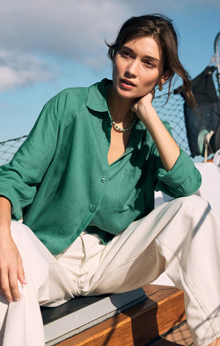 The Perfect Linen Stripe Top (Botanical Green)