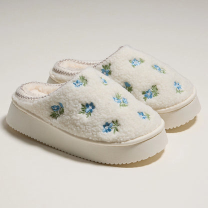 Embroidered Floral Slippers - White
