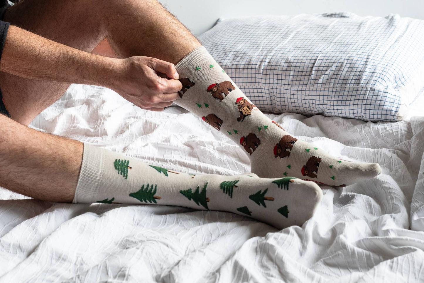 Men's Bear in Hat and Trees Mid-Calf Socks
